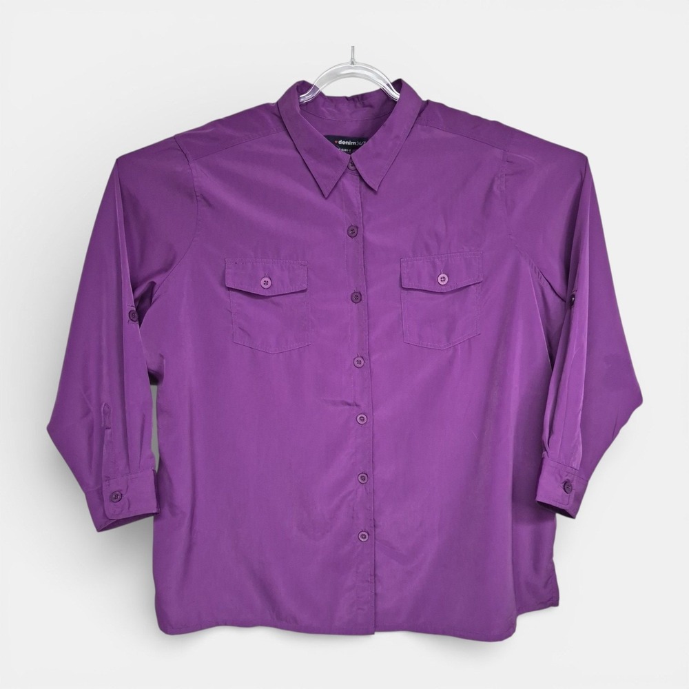 Denim 24/7 Purple Roll Tab Sleeve Button Down Utility Shirt Women 26W